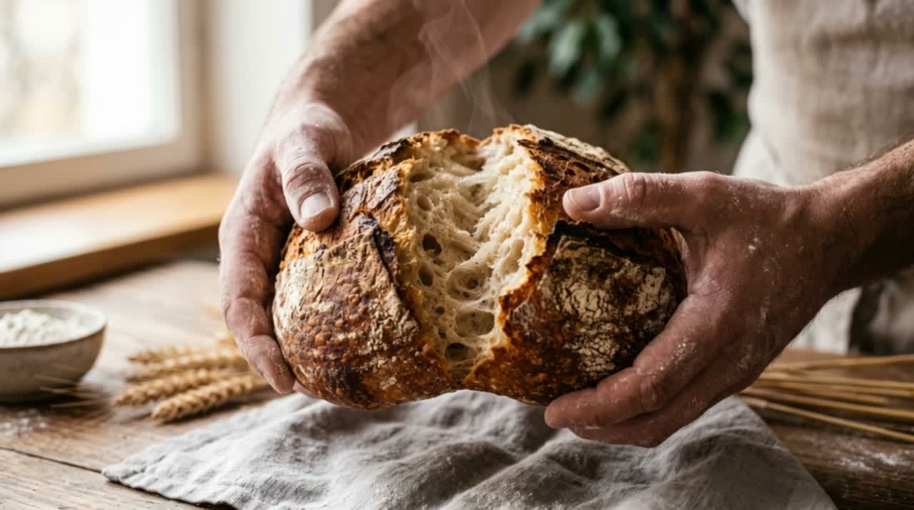 Floury hands pulling apart a fresh sourdough loaf over linen, showing its soft crumb